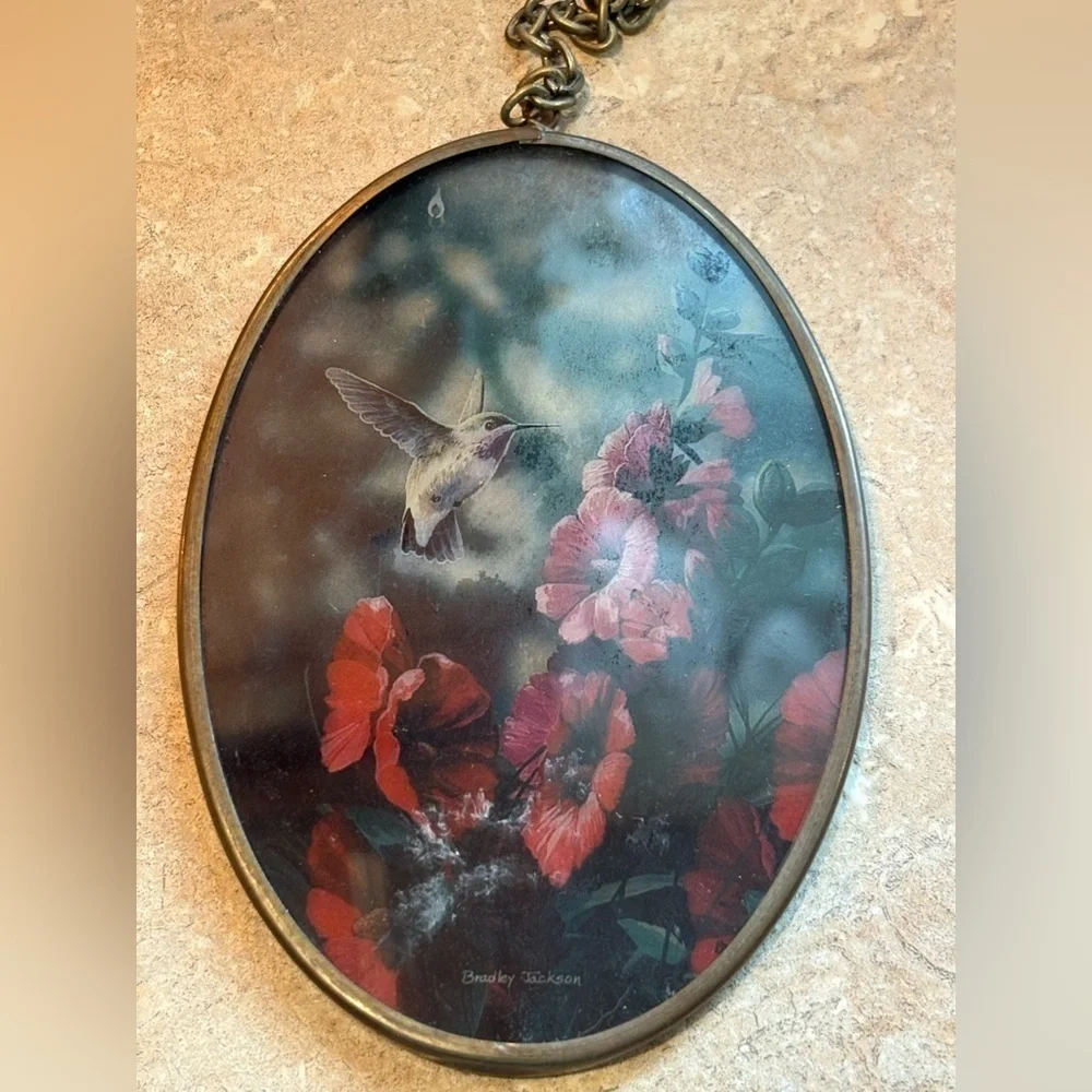 Oval Hummingbird and Flowers Hanging Art Suncatcher